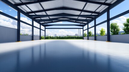 Empty Modern Steel Warehouse with City Skyline View