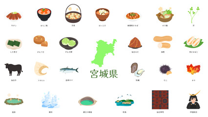 宮城県の名物や特産品のイラスト。フラットなベクターイラストセット。 Illustrations of Miyagi's specialties and local products. Flat vector illustration set.