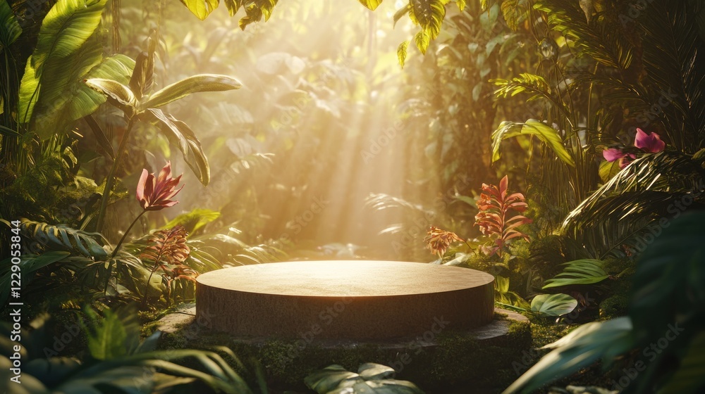 Poster sunlit jungle scene with circular display platform.
