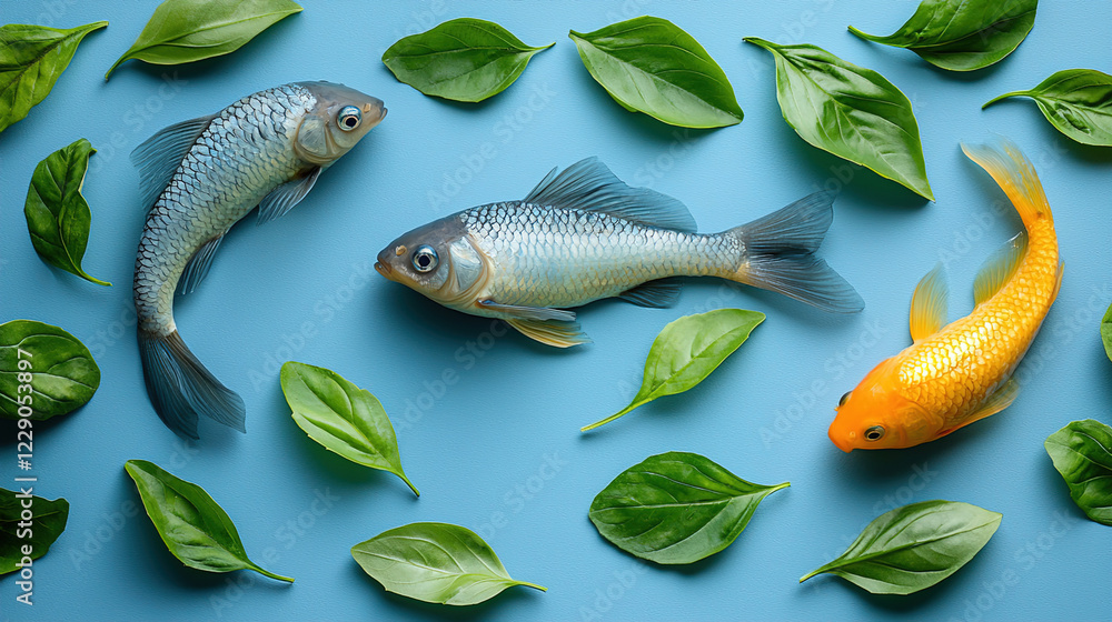 Poster Assorted fish and basil leaves arranged on a blue background creating a vibrant underwater theme. Generative AI