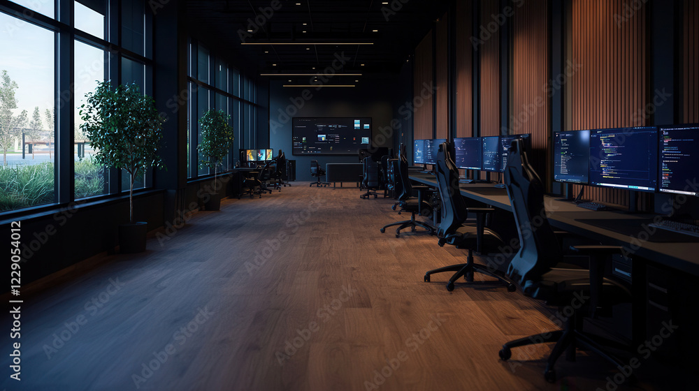 Poster modern office space featuring multiple high tech workstations with large screens, ideal for gaming o