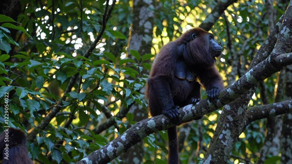 Poster A group of five howler monkeys rests on the lush treetops of a dense rainforest. 