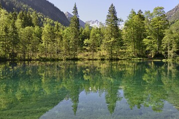 Obraz premium Mountain lake, Christlessee with clear turquoise water, Trettachtal near Oberstdorf, Allgäu Alps, Allgäu, Bavaria, Germany, Europe