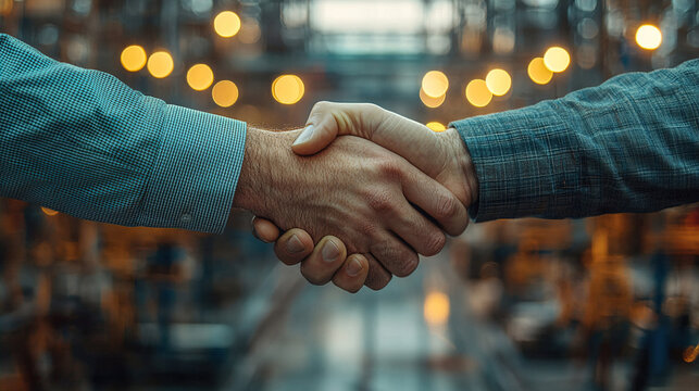 Business partnership agreement in a warehouse during an evening meeting with warm lighting. Generative AI