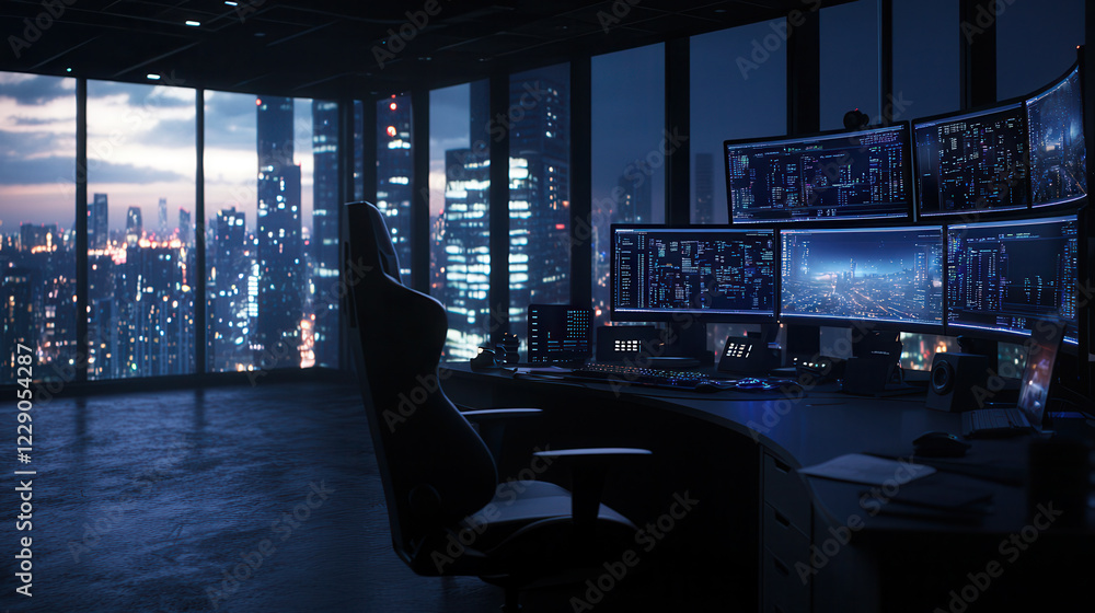 Poster high tech gaming setup with multiple screens and city view at night, showcasing advanced technology 