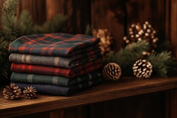 A stack of folded plaid blankets in festive red, green, and gray tones placed on a rustic wooden shelf, surrounded by pinecones and evergreen branches for a cozy holiday setting