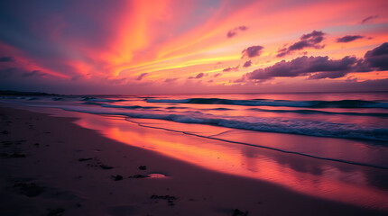 Vibrant sunset beach scene, dramatic orange and pink sky, reflecting on wet sand, rolling ocean waves, serene coastal landscape, silhouetted clouds, golden hour lighting, tranquil shoreline, cinematic