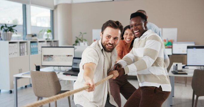 Business people, teamwork and challenge with rope in office, physical strength and competition with pull. Employees, designers and power with tug of war, cooperation and synergy for game in company