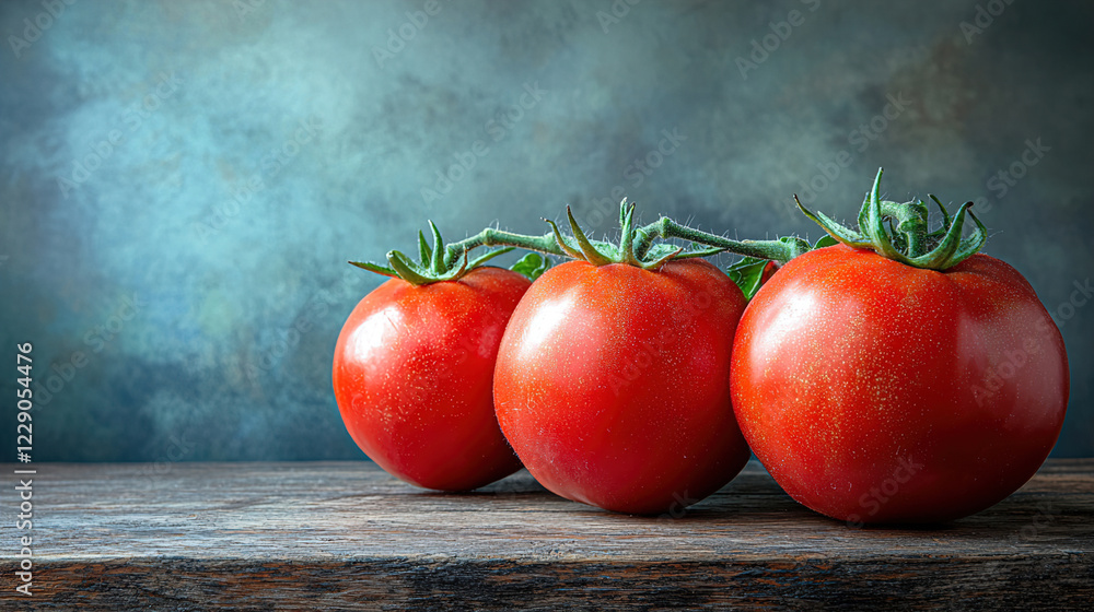 Poster Freshly picked tomatoes arranged on a rustic wooden table with a textured background. Generative AI