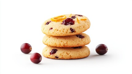 cranberry orange cookies, gourmet dessert, soft texture with orange zest and cranberries, close-up detail, photorealistic, isolated on white background