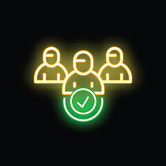 Glowing neon icon of three business people avatars with a green check mark, representing a successful team or good feedback
