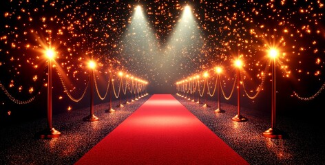 An Enchanting Red Carpet Experience Surrounded by Sparkling Lights and Glamorous Atmosphere