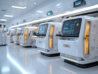 Future consumer trend concept. Futuristic medical pods in a sleek, sterile environment with digital interfaces and ambient lighting.