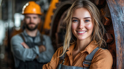 Fototapeta premium Confident worker smiles at industrial site with colleague in background during daytime in a bustling manufacturing environment. Generative AI