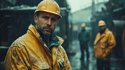 Obraz premium Workers in yellow rain gear endure harsh weather at a construction site with heavy rain and cold temperatures. Generative AI