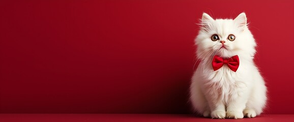 White persian cat wearing red bow tie on burgundy background, perfect for christmas cards, pet shop promotions and holiday greetings, horizontal banner