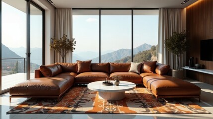 Fototapeta premium Luxurious Brown Leather Sectional Sofa in Modern Living Room with Panoramic Mountain View and Stylish Area Rug