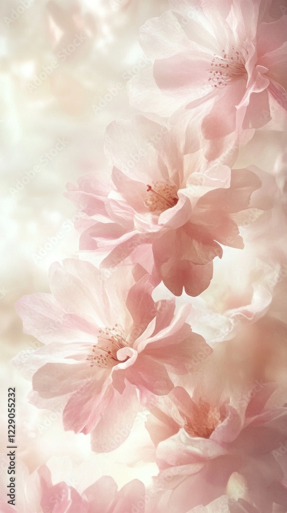 Poster soft pastel tones intertwine with a cloudy sky, creating a serene atmosphere as delicate blossoms gr