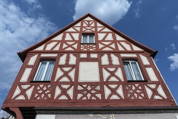 Half-timbered facade of Kolbmann's court from 1697, former Jewish residence, Schnaittach, Middle Franconia, Bavaria, Germany, Europe