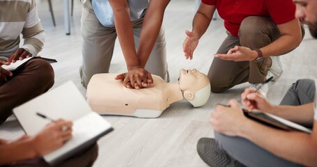 People, mannequin or hands in office for CPR, first aid workshop or chest compression lesson. Colleagues, emergency practice or dummy in agency for life saving procedure, notes or employee engagement