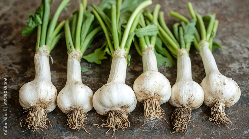 Poster fresh garlic bulbs with green shoots arranged on rustic background in kitchen setting for culinary u