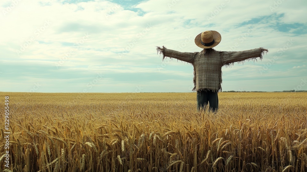 Poster a scarecrow stands in a field of wheat. the field is empty and the sky is cloudy