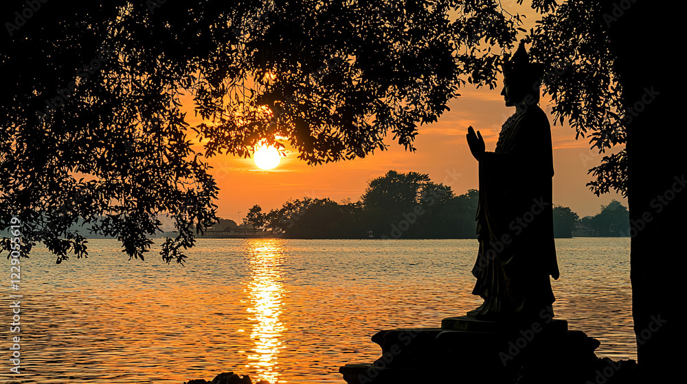 Poster sunset view by the lake with a statue against the horizon, creating a serene atmosphere. generative 