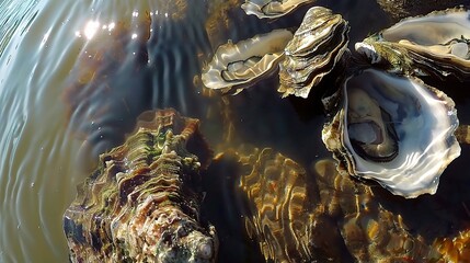 A Close - up View of Fresh and Juicy Oysters. These bivalve mollusks, with their rough, irregular shells, are a popular seafood delicacy