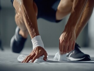 Athletic man diligently wraps his knee with a cold compression bandage after an intense workout, focusing on post-training recovery and injury prevention This image showcases proper recovery