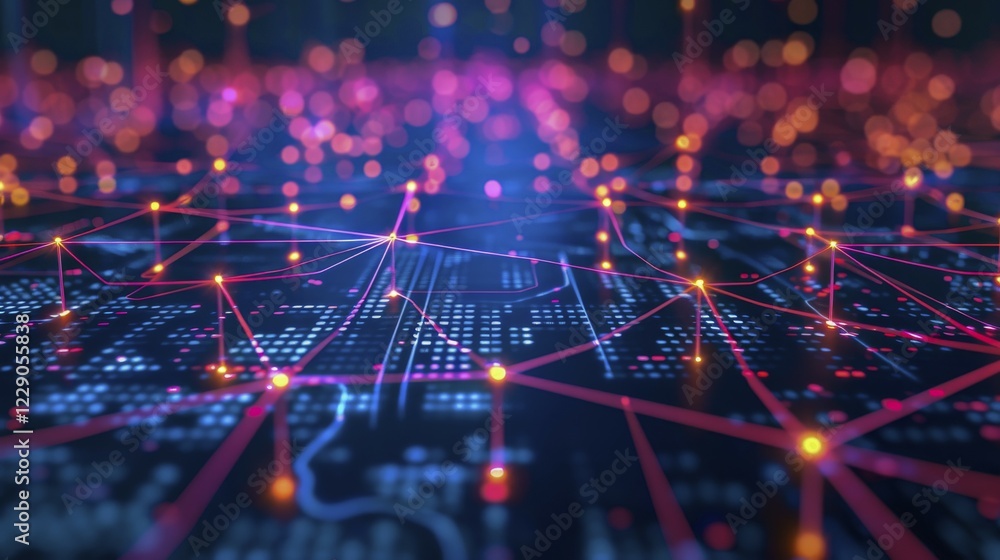 Poster a digital network of interconnected nodes with pink and blue glowing lines creating a futuristic and