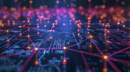 A digital network of interconnected nodes with pink and blue glowing lines creating a futuristic and technical atmosphere, AI generated