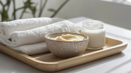 Moisturizing coconut butter in ceramic bowl with towels and candle