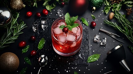 Dark, moody scene of a bourbon cocktail with cranberry ice cubes, surrounded by fresh herbs, holiday decorations, and vintage kitchen tools