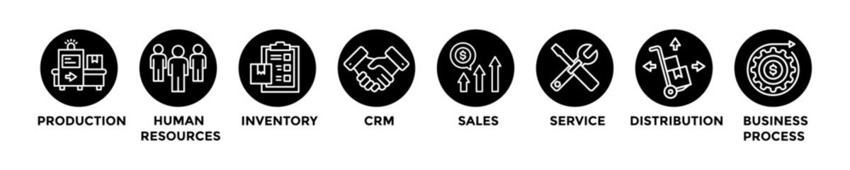 enterprise resource planning web banner concept with group of icons for business and media