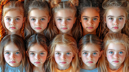 Fototapeta premium Diverse group of young girls with distinct hairstyles and expressions captured in a studio setting. Generative AI