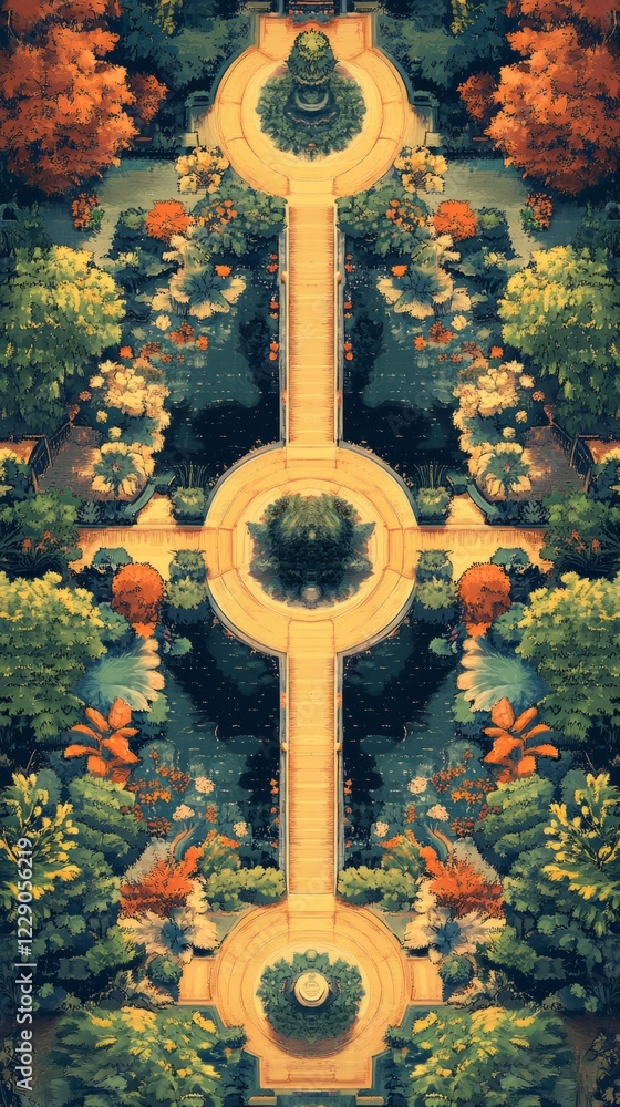 Poster drawing of a park with a large tree in the middle and a bridge leading to it. the drawing is very de