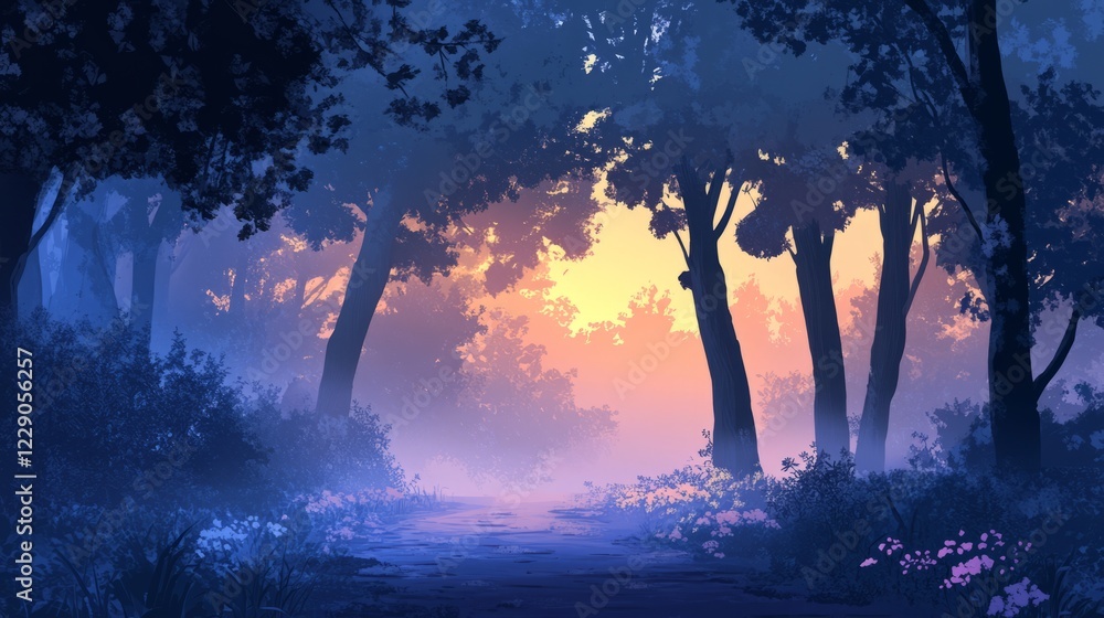 Poster a forest with trees and a path. the path is surrounded by trees and the sky is blue