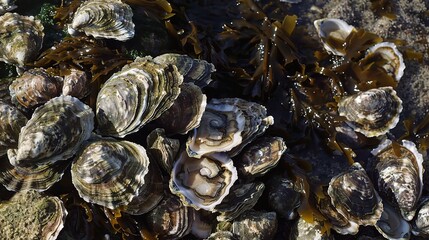 A Close - up View of Fresh and Juicy Oysters. These bivalve mollusks, with their rough, irregular shells, are a popular seafood delicacy