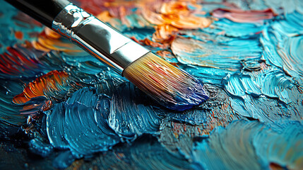 Bright colors blending on an artist's palette with a brush resting on vibrant oil paints. Generative AI