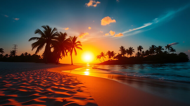 Tropical beach sunset, silhouetted palm trees, golden sunlight reflecting on wet sand, vibrant orange sky, turquoise ocean, dramatic clouds, serene coastal landscape, warm evening glow, tranquil parad