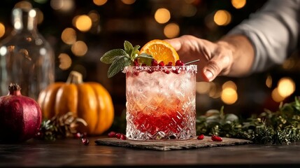 Cozy evening scene featuring a bartender holding up a pomegranate margarita with an elegant garnish, Thanksgiving decor in the background