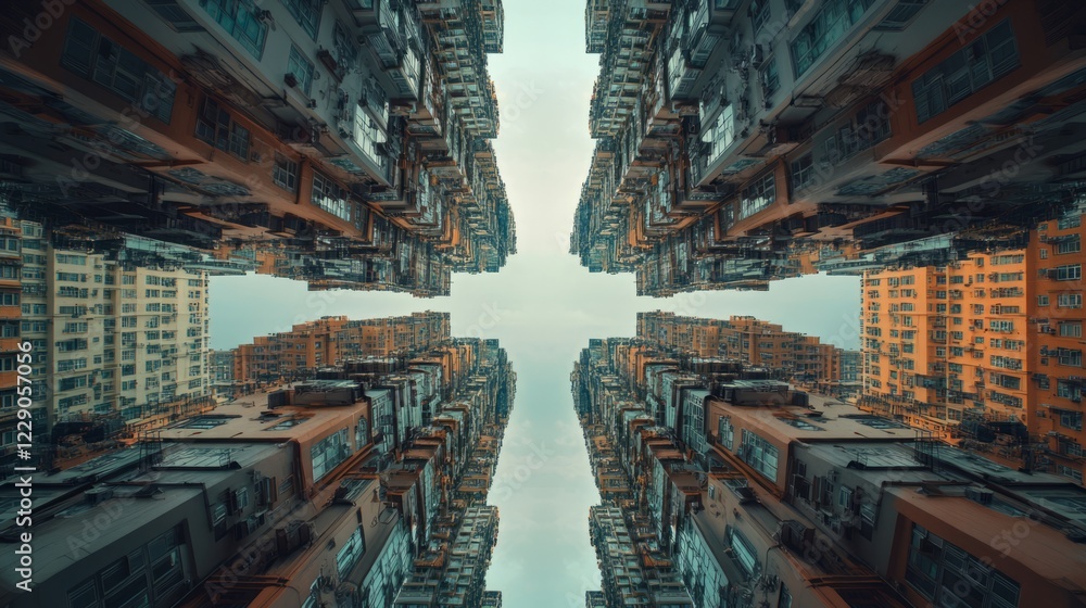 Poster city skyline is reflected in a window of a building. the reflection is a cross shape. concept of dep