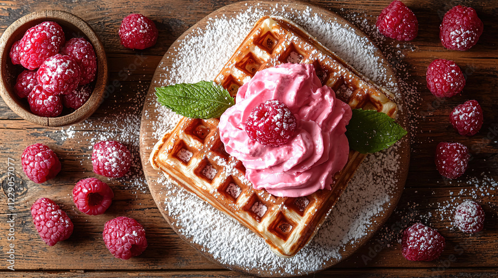 Poster delicious waffle topped with raspberry cream and fresh berries on a wooden table in a cozy setting. 