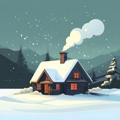 Naklejka premium Snow-covered cottage in a serene winter scene in vector style, AI generated