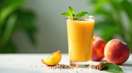 Refreshing Peach Smoothie with Mint and Seeds in a Glass