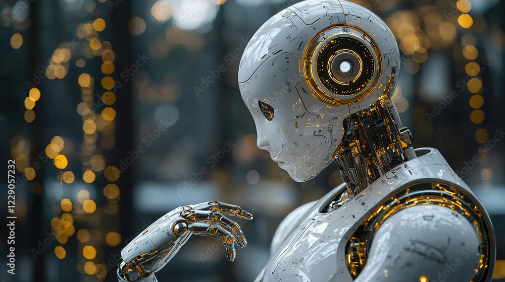 Poster futuristic humanoid robot with intricate design and glowing accents in a modern space during evening