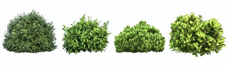 Four green shrubs isolated, white background, landscaping design