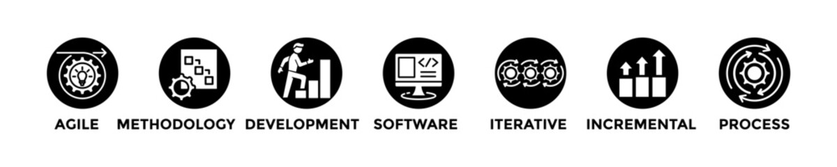 scrum development web banner concept with group of icons for business and media