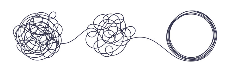 Chaos and order business concept flat style design vector illustration isolated on white background. Tangled disorder turns into spiral order line, find solution. Coaching, mentoring or psychotherapy.