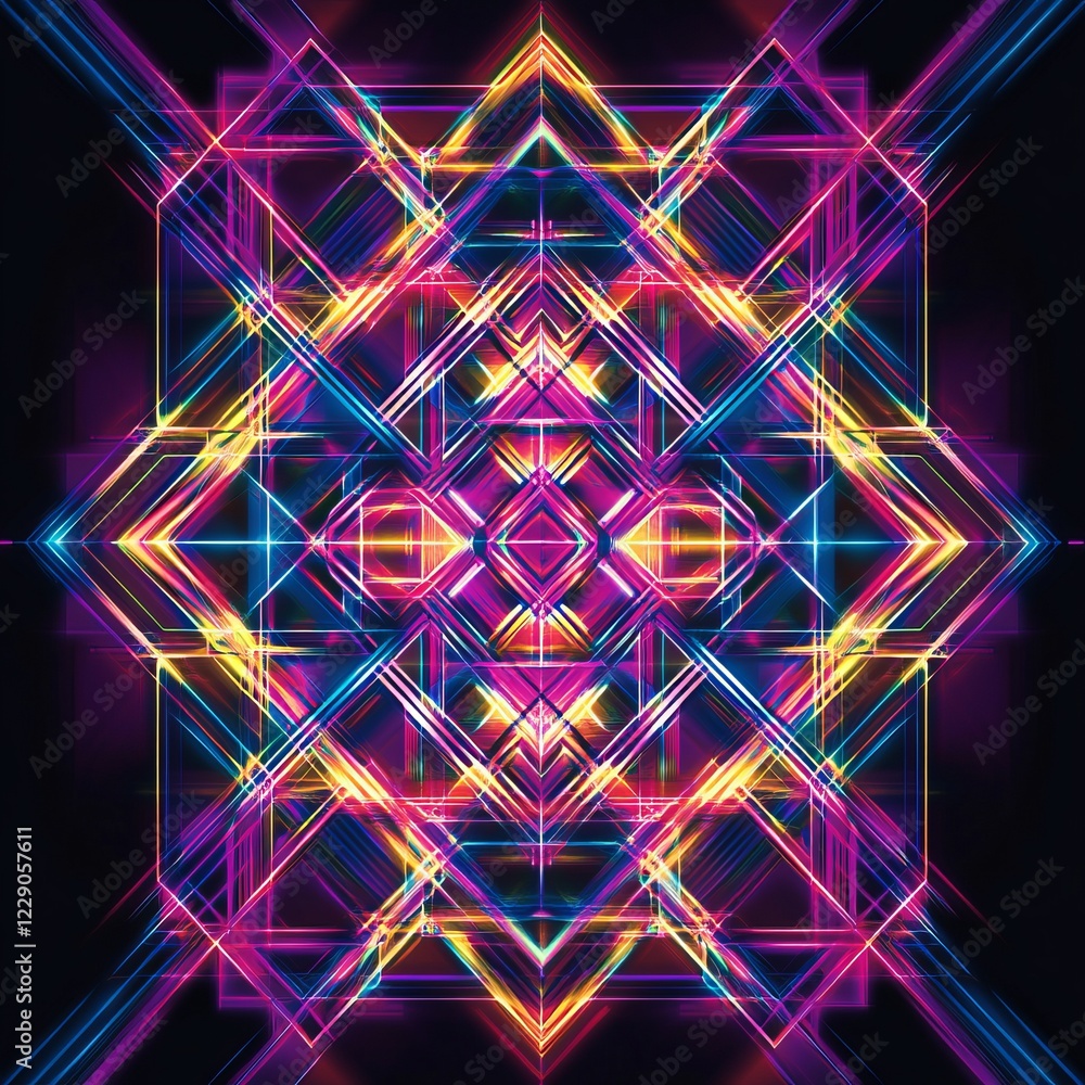 Poster vibrant neon geometric pattern with symmetrical lines and bright colors on a dark background